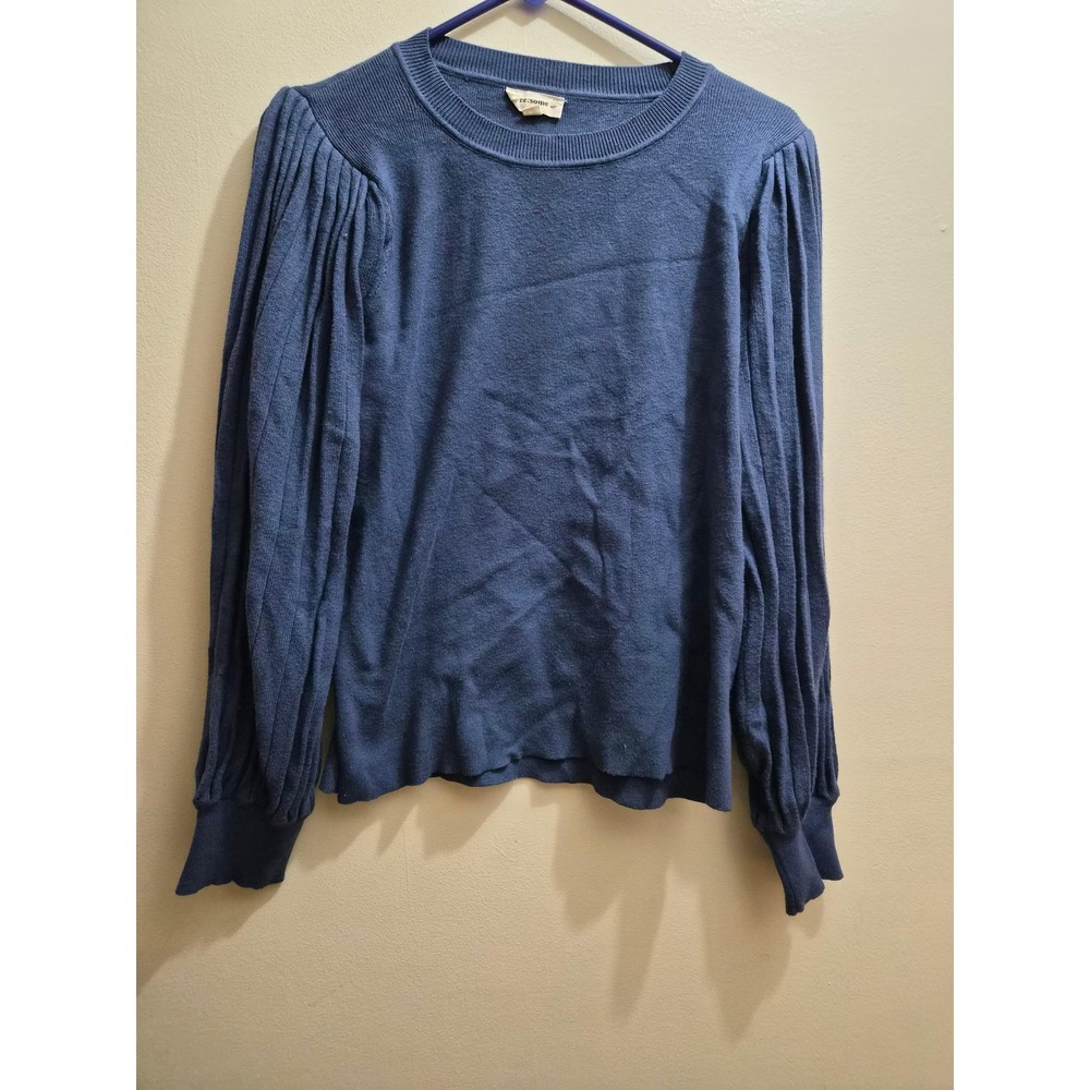Eesome Womens Blue Pleated Puff Sleeve Crew Neck Stretchy Knit Sweater Size M